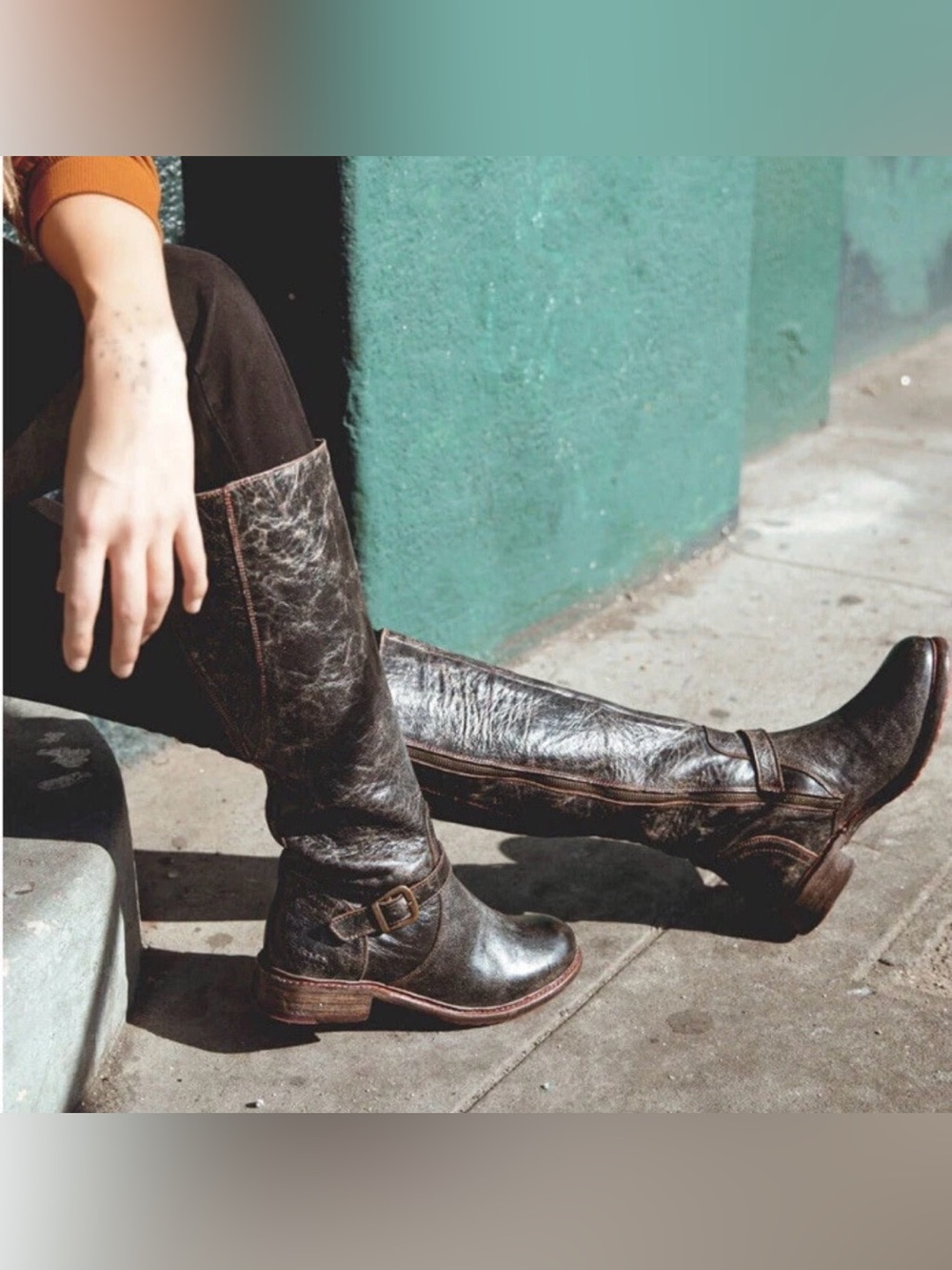 BED STU Glaye Black Lux Distressed Leather Tall Riding Boots 7.5